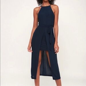 Black Swan Navy blue Texture Layered Hi-Lo Belted Tank Dress, Medium size.